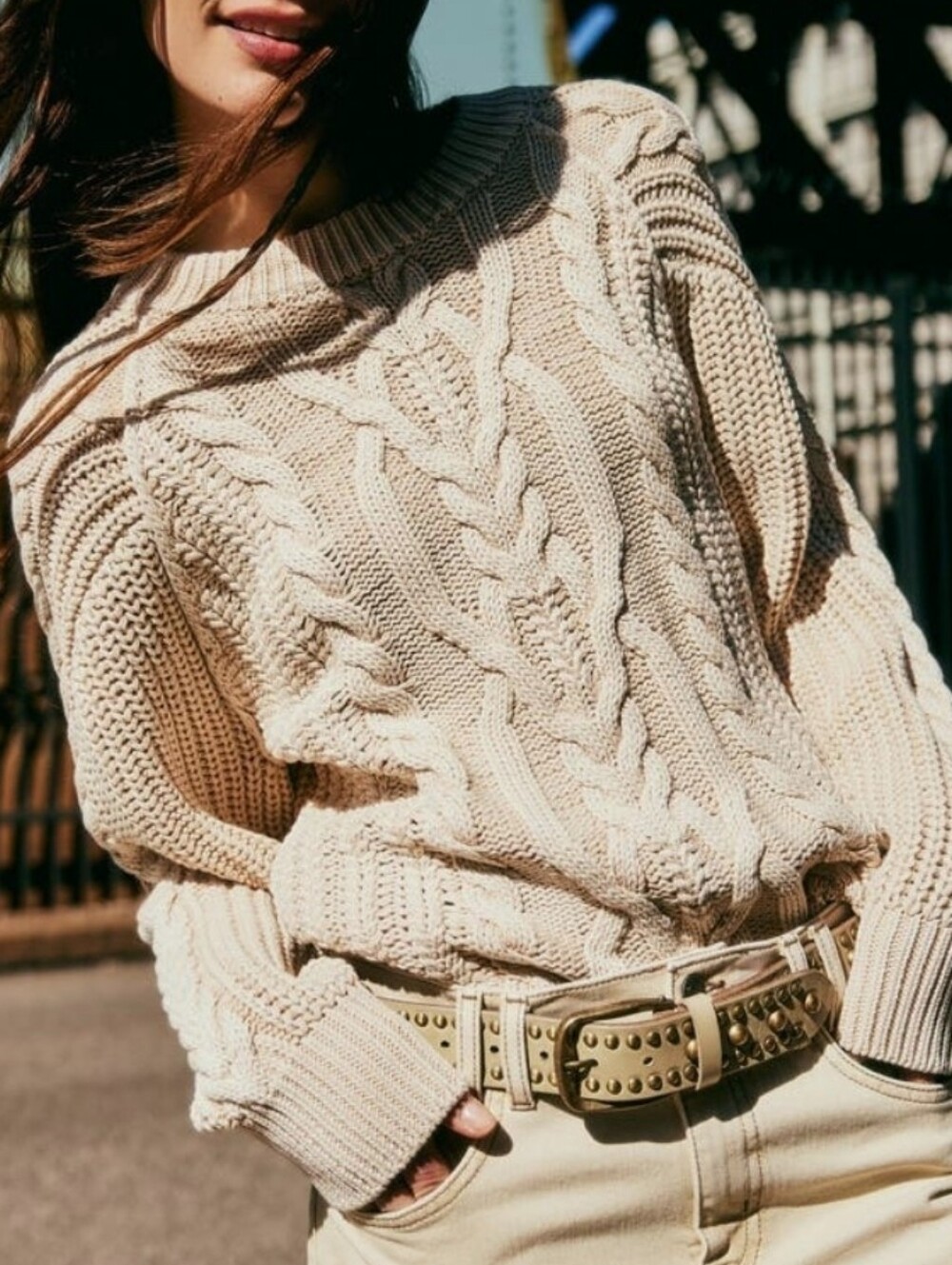 Free People Cream Cable Knit Scoop-Neck Sweater